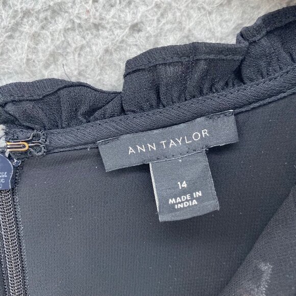 Ann Taylor Dress Womens 14 Black Embroidered Shift Long Balloon Sleeve Ruffle - Picture 5 of 10